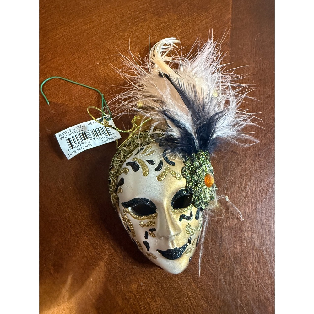 miniature Venetian Masquerade Mask Ornament Gold Black Feather